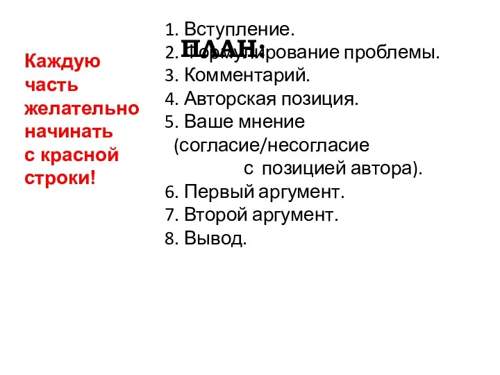 1. Вступление. 2. Формулирование проблемы. 3. Комментарий. 4. Авторская позиция. 5. Ваше