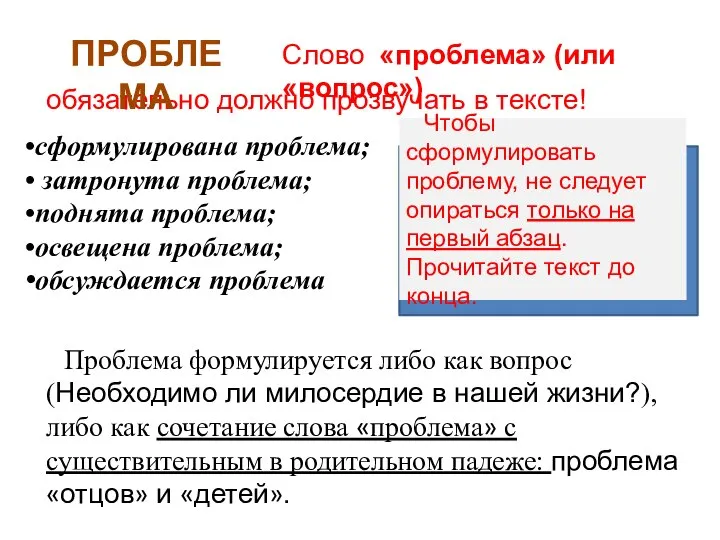 обязательно должно прозвучать в тексте! сформулирована проблема; затронута проблема; поднята проблема; освещена