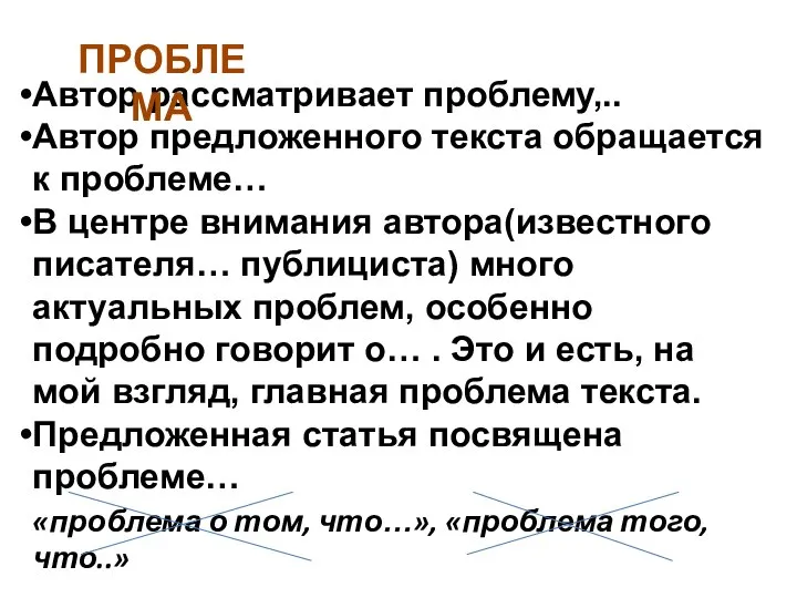 Автор рассматривает проблему,.. Автор предложенного текста обращается к проблеме… В центре внимания