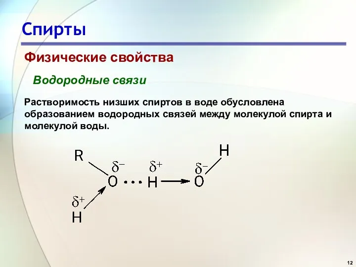 Спирты Физические свойства Водородные связи Растворимость низших спиртов в воде обусловлена образованием