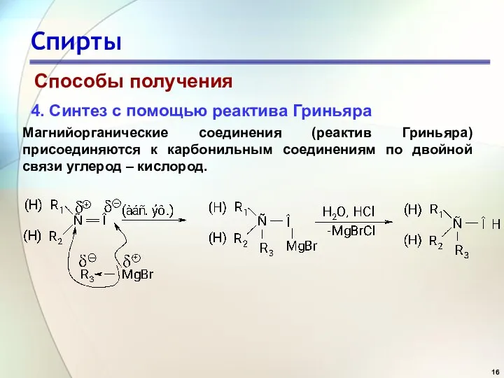 Спирты Способы получения 4. Синтез с помощью реактива Гриньяра Магнийорганические соединения (реактив