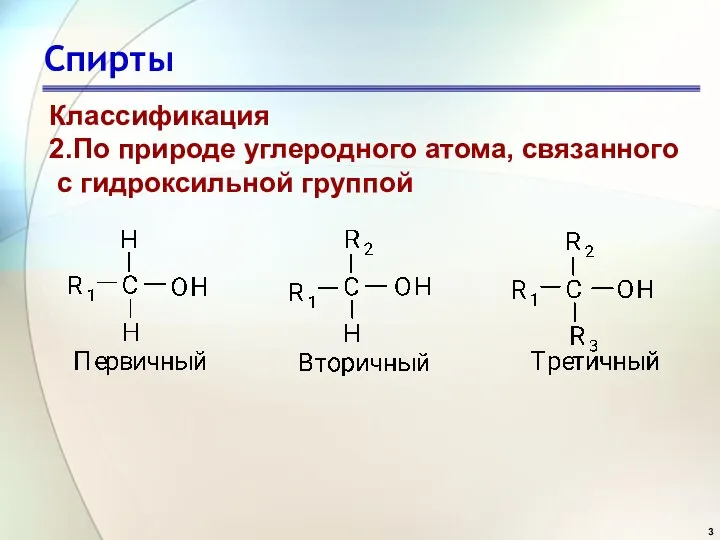 Спирты Классификация 2.По природе углеродного атома, связанного с гидроксильной группой