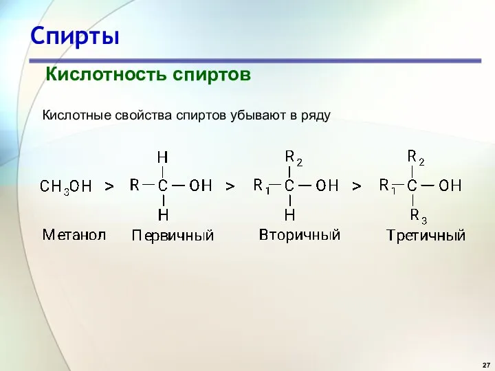 Спирты Кислотность спиртов Кислотные свойства спиртов убывают в ряду