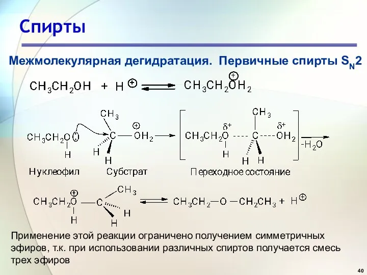 Спирты Межмолекулярная дегидратация. Первичные спирты SN2 Применение этой реакции ограничено получением симметричных