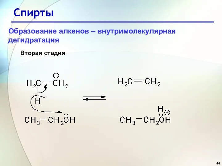 Спирты Вторая стадия Образование алкенов – внутримолекулярная дегидратация