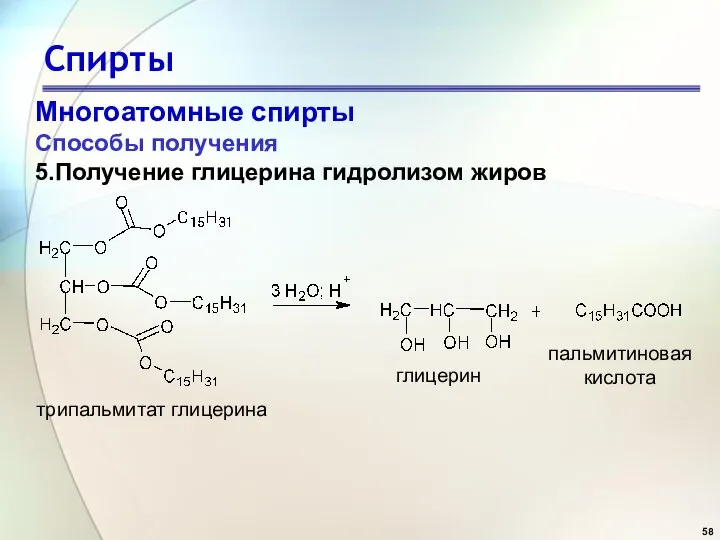 Спирты Многоатомные спирты Способы получения 5.Получение глицерина гидролизом жиров глицерин пальмитиновая кислота трипальмитат глицерина