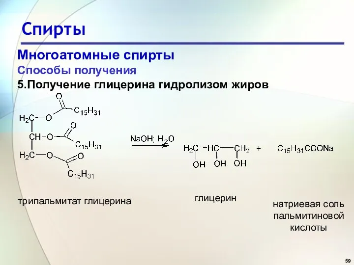 Спирты Многоатомные спирты Способы получения 5.Получение глицерина гидролизом жиров глицерин натриевая соль пальмитиновой кислоты трипальмитат глицерина