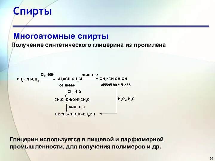 Спирты Многоатомные спирты Получение синтетического глицерина из пропилена Глицерин используется в пищевой