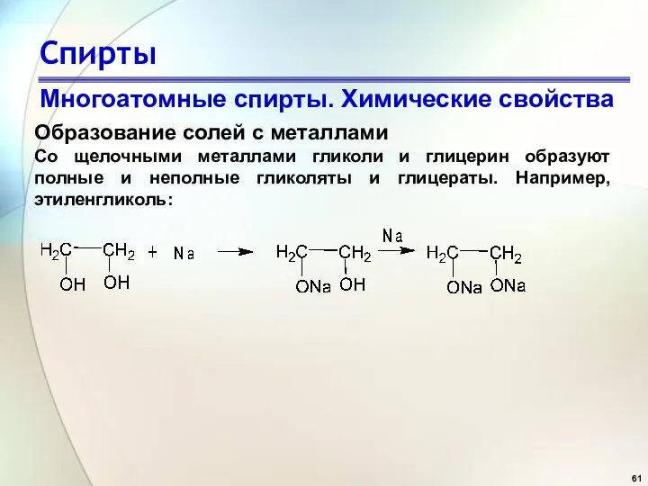 Спирты Многоатомные спирты. Химические свойства Образование солей с металлами Со щелочными металлами