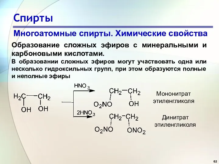 Спирты Многоатомные спирты. Химические свойства Образование сложных эфиров с минеральными и карбоновыми