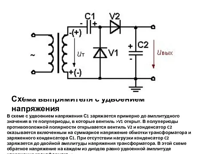 Схема выпрямителя с удвоением напряжения В схеме с удвоением напряжения С1 заряжается