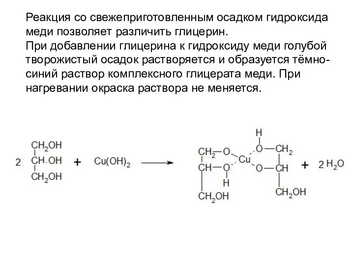 Реакция со свежеприготовленным осадком гидроксида меди позволяет различить глицерин. При добавлении глицерина