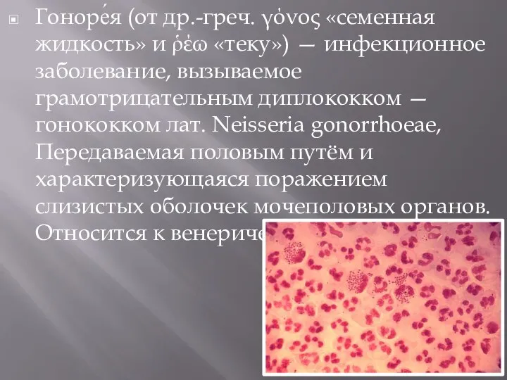 Гоноре́я (от др.-греч. γόνος «семенная жидкость» и ῥέω «теку») — инфекционное заболевание,