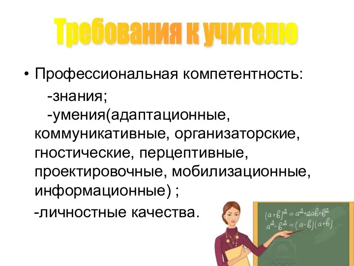 Профессиональная компетентность: -знания; -умения(адаптационные, коммуникативные, организаторские, гностические, перцептивные, проектировочные, мобилизационные, информационные) ;