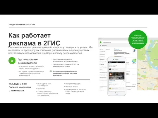 КАК ДОСТИГНЕМ РЕЗУЛЬТАТОВ Как работает реклама в 2ГИС Пользователи видят рекламодателей, когда