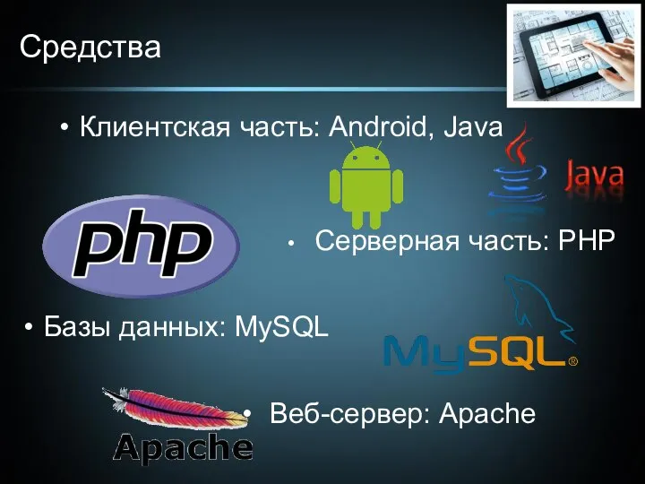 Средства Клиентская часть: Android, Java Серверная часть: PHP Базы данных: MySQL Веб-сервер: Apache