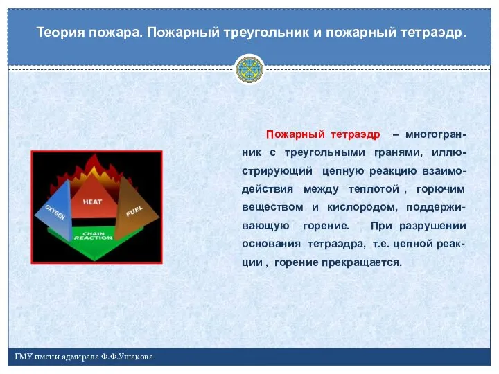 Пожарный тетраэдр – многогран-ник с треугольными гранями, иллю-стрирующий цепную реакцию взаимо-действия между