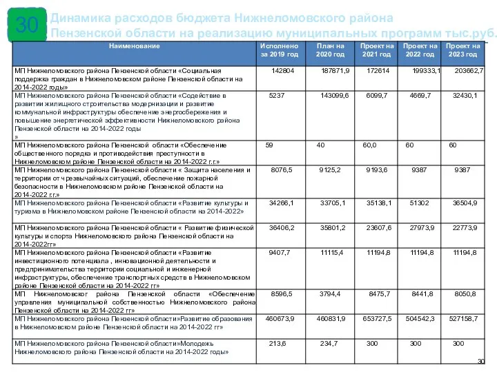 30 Динамика расходов бюджета Нижнеломовского района Пензенской области на реализацию муниципальных программ тыс.руб.