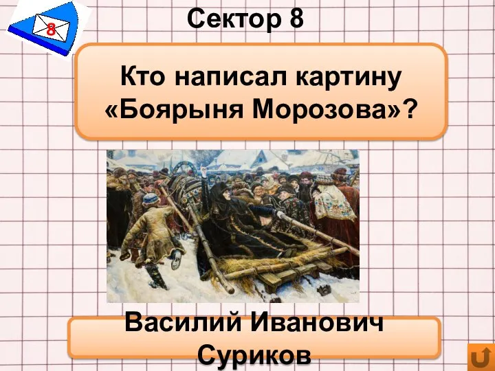 Сектор 8 8 Кто написал картину «Боярыня Морозова»? Василий Иванович Суриков