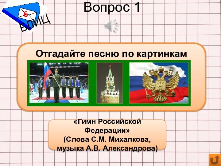 Вопрос 1 БЛИЦ «Гимн Российской Федерации» (Слова С.М. Михалкова, музыка А.В. Александрова) Отгадайте песню по картинкам