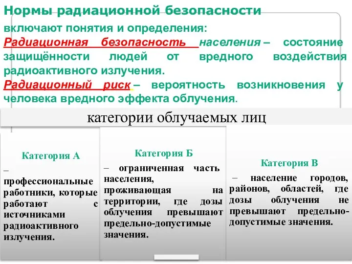 Нормы радиационной безопасности включают понятия и определения: Радиационная безопасность населения – состояние