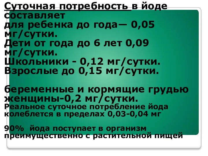 Суточная потребность в йоде составляет для ребенка до года— 0,05 мг/сутки. Дети