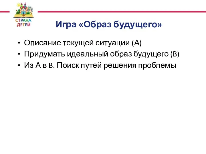 Игра «Образ будущего» Описание текущей ситуации (А) Придумать идеальный образ будущего (B)