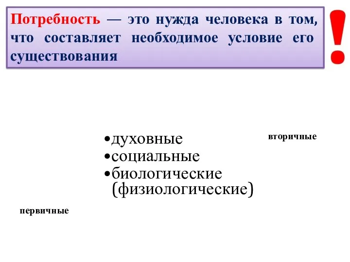 Потребность — это нужда человека в том, что составляет необходимое условие его