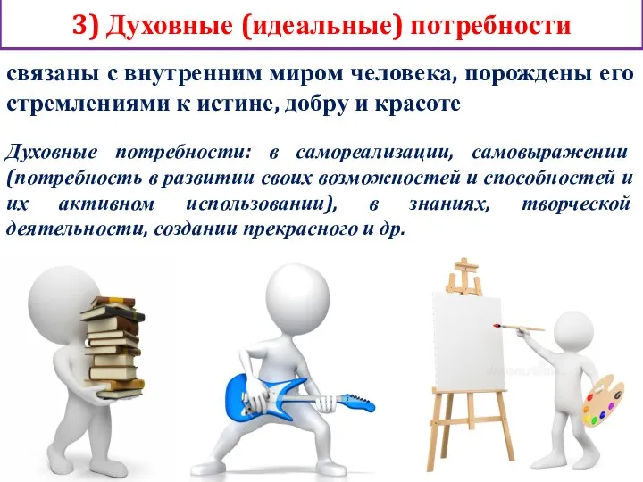 3) Духовные (идеальные) потребности связаны с внутренним миром человека, порождены его стремлениями