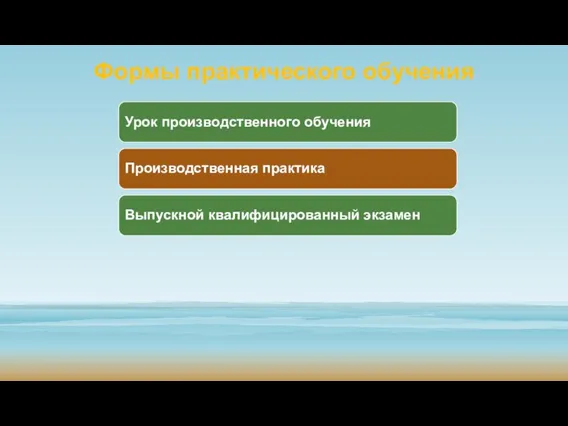 Формы практического обучения Урок производственного обучения Производственная практика Выпускной квалифицированный экзамен