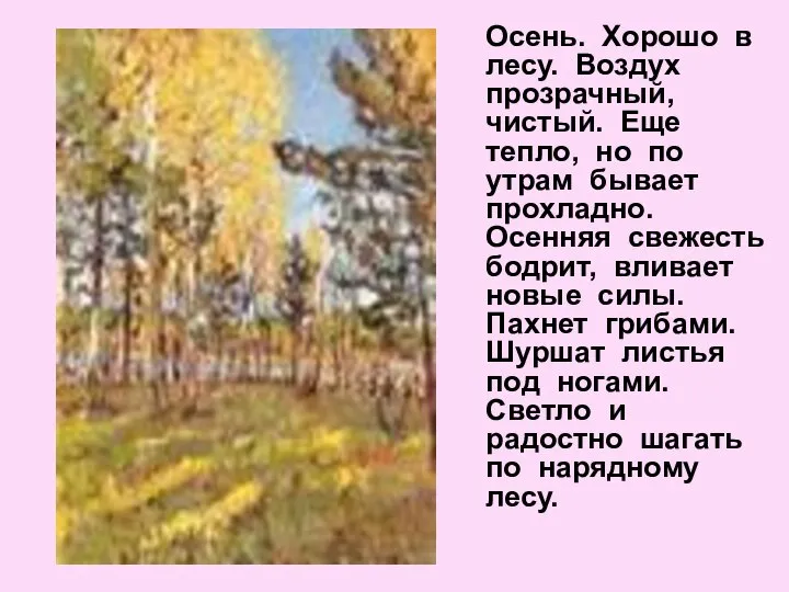 Осень. Хорошо в лесу. Воздух прозрачный, чистый. Еще тепло, но по утрам