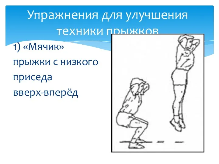 1) «Мячик» прыжки с низкого приседа вверх-вперёд Упражнения для улучшения техники прыжков