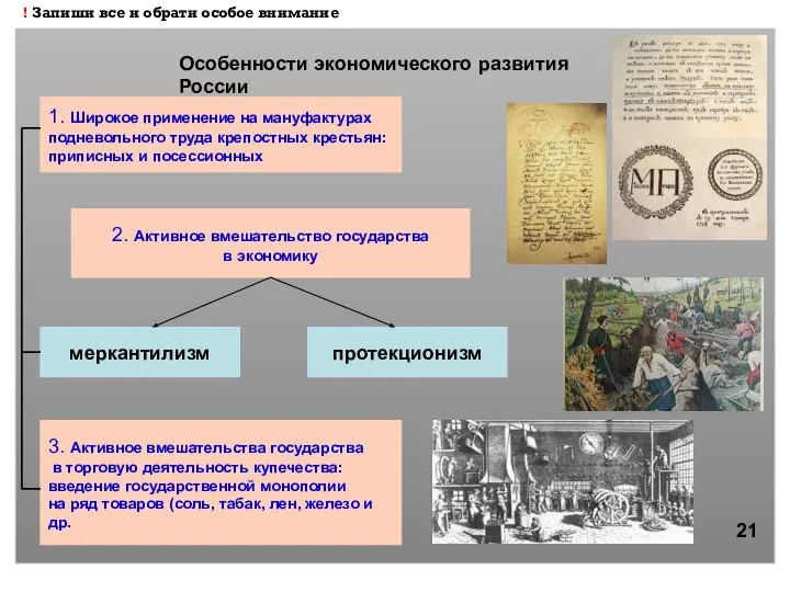 Особенности экономического развития России 1. Широкое применение на мануфактурах подневольного труда крепостных