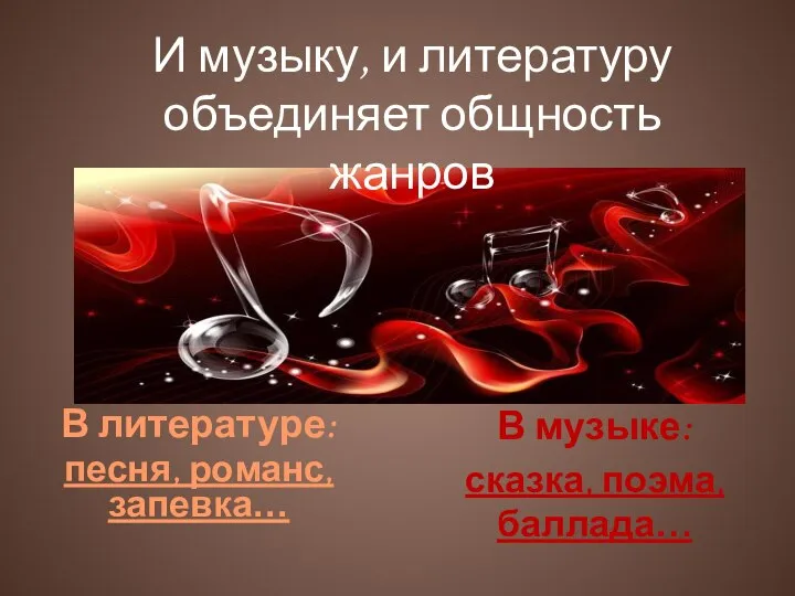 В литературе: песня, романс, запевка… И музыку, и литературу объединяет общность жанров