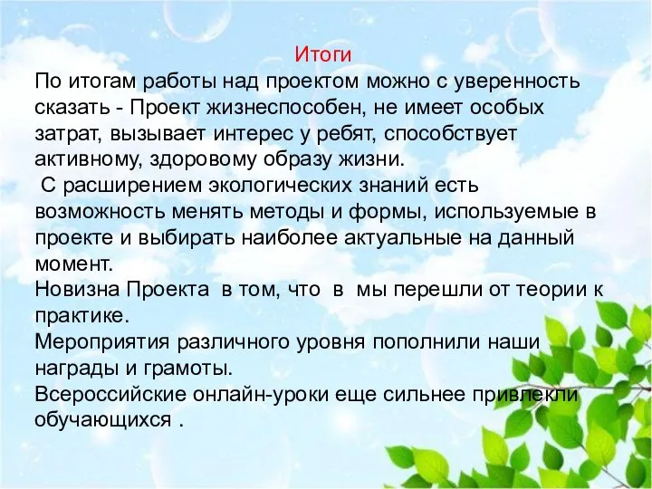 Итоги По итогам работы над проектом можно с уверенность сказать - Проект