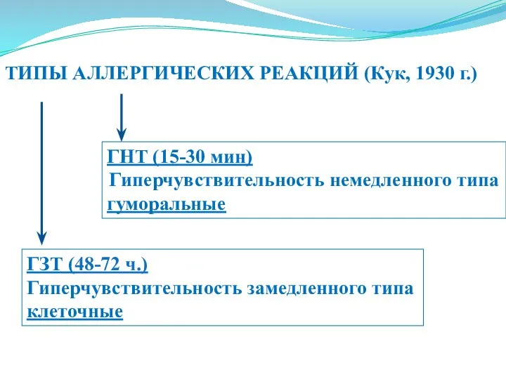 ТИПЫ АЛЛЕРГИЧЕСКИХ РЕАКЦИЙ (Кук, 1930 г.) ГНТ (15-30 мин) Гиперчувствительность немедленного типа