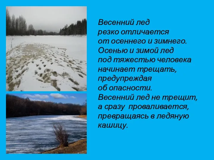 Весенний лед резко отличается от осеннего и зимнего. Осенью и зимой лед