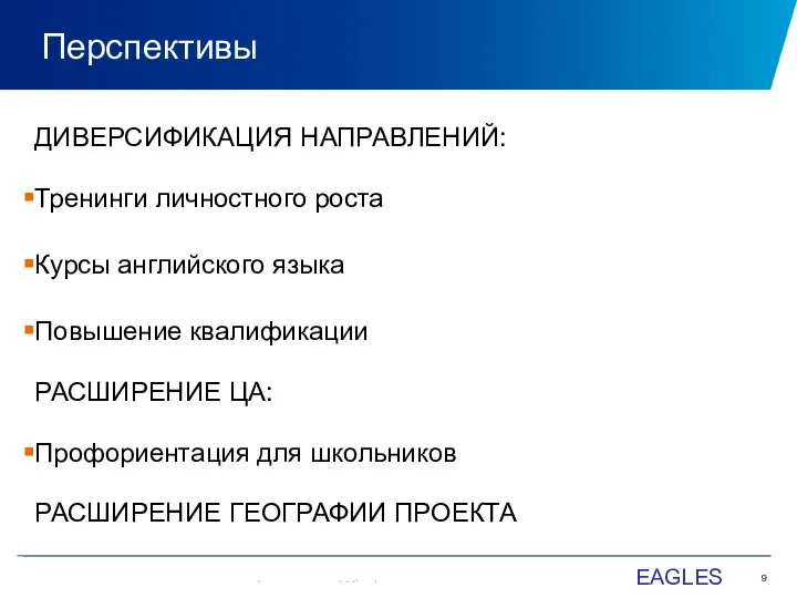 Перспективы EAGLES ДИВЕРСИФИКАЦИЯ НАПРАВЛЕНИЙ: Тренинги личностного роста Курсы английского языка Повышение квалификации