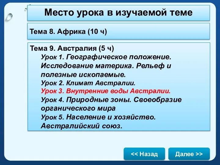 Место урока в изучаемой теме Тема 8. Африка (10 ч) Тема 9.