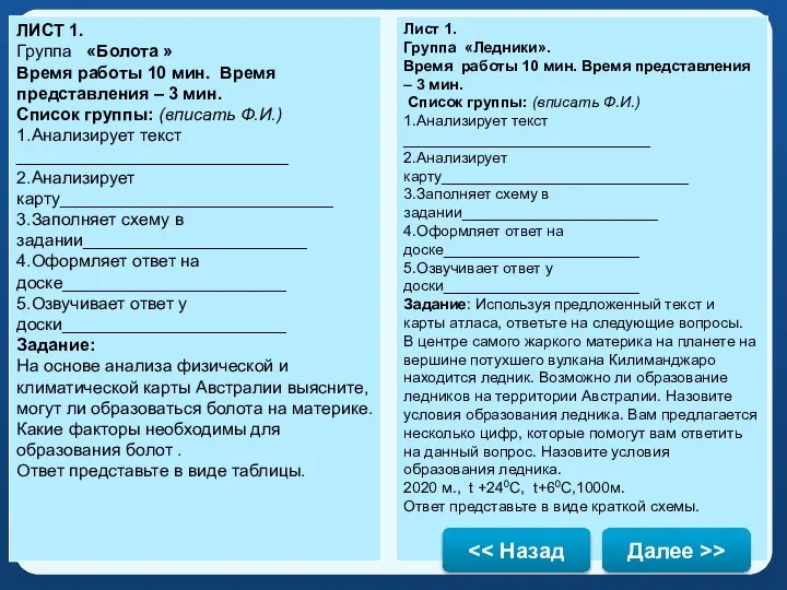 ЛИСТ 1. Группа «Болота » Время работы 10 мин. Время представления –