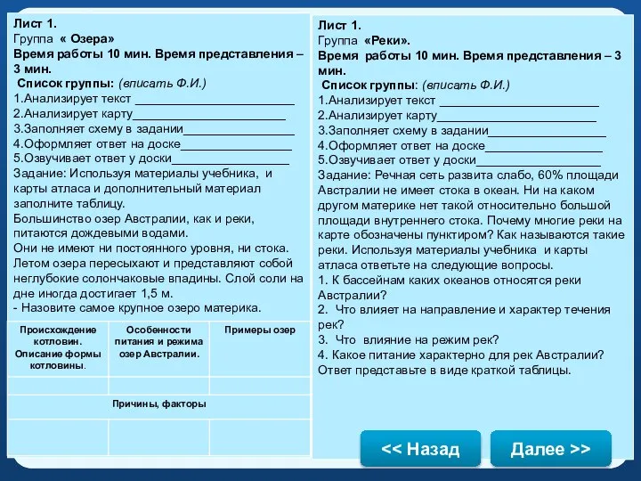 Лист 1. Группа « Озера» Время работы 10 мин. Время представления –