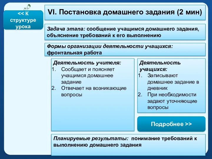 VI. Постановка домашнего задания (2 мин) Задача этапа: сообщение учащимся домашнего задания,