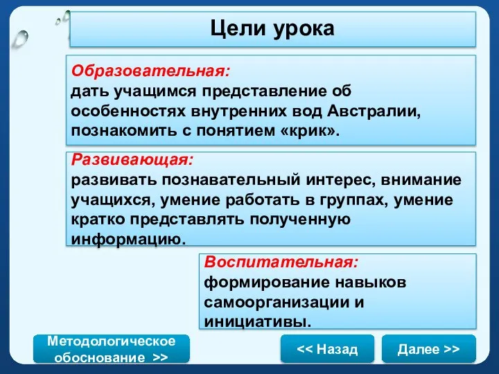 Образовательная: дать учащимся представление об особенностях внутренних вод Австралии, познакомить с понятием