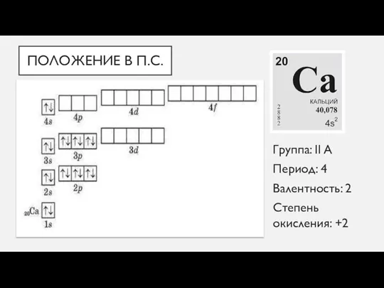 ПОЛОЖЕНИЕ В П.С. Группа: II A Период: 4 Валентность: 2 Степень окисления: +2