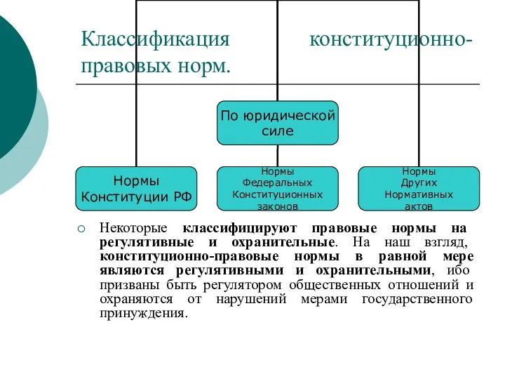 Классификация конституционно-правовых норм. Некоторые классифицируют правовые нормы на регулятивные и охранительные. На