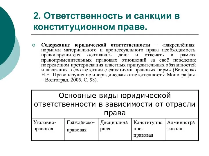 2. Ответственность и санкции в конституционном праве. Содержание юридической ответственности – «закреплённая