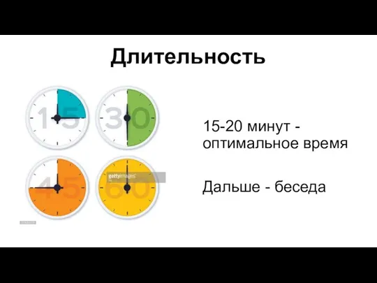 15-20 минут - оптимальное время Дальше - беседа Длительность