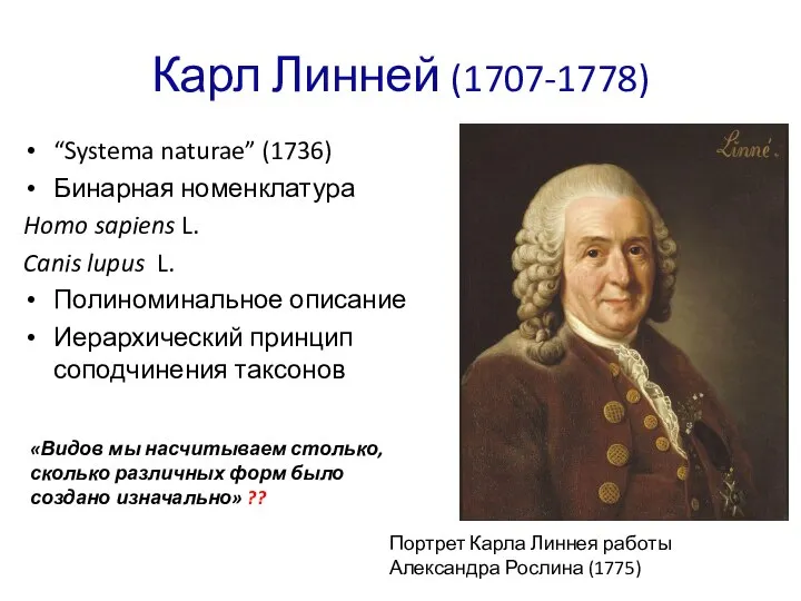 Карл Линней (1707-1778) “Systema naturae” (1736) Бинарная номенклатура Homo sapiens L. Canis