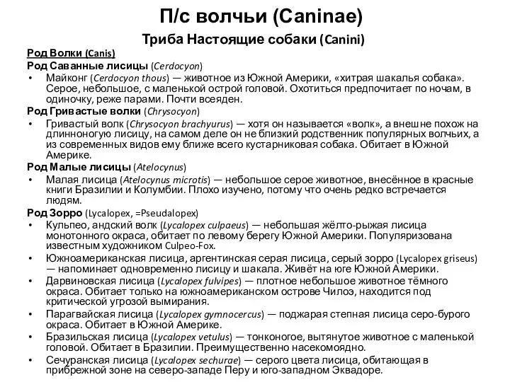 П/с волчьи (Caninae) Триба Настоящие собаки (Canini) Род Волки (Canis) Род Саванные