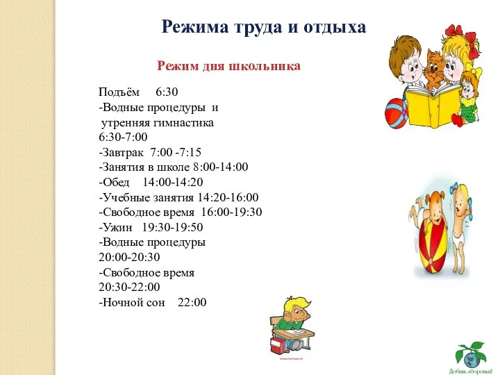 Режима труда и отдыха Подъём 6:30 -Водные процедуры и утренняя гимнастика 6:30-7:00